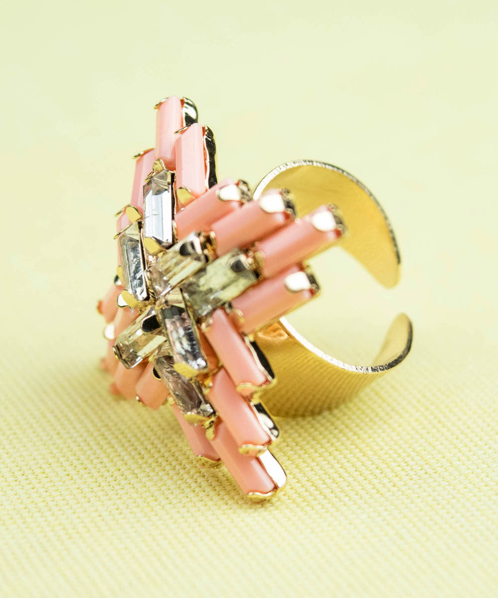 Peach Beaded Art Deco Adjustable Ring