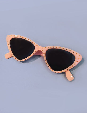 Peach Pink & Gold Studded Retro Classic Cat Eye Sunglasses