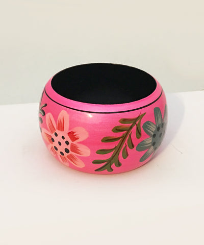 Pink & Colorful Shimmering Hand Painted Floral Tiki Wooden Bangle