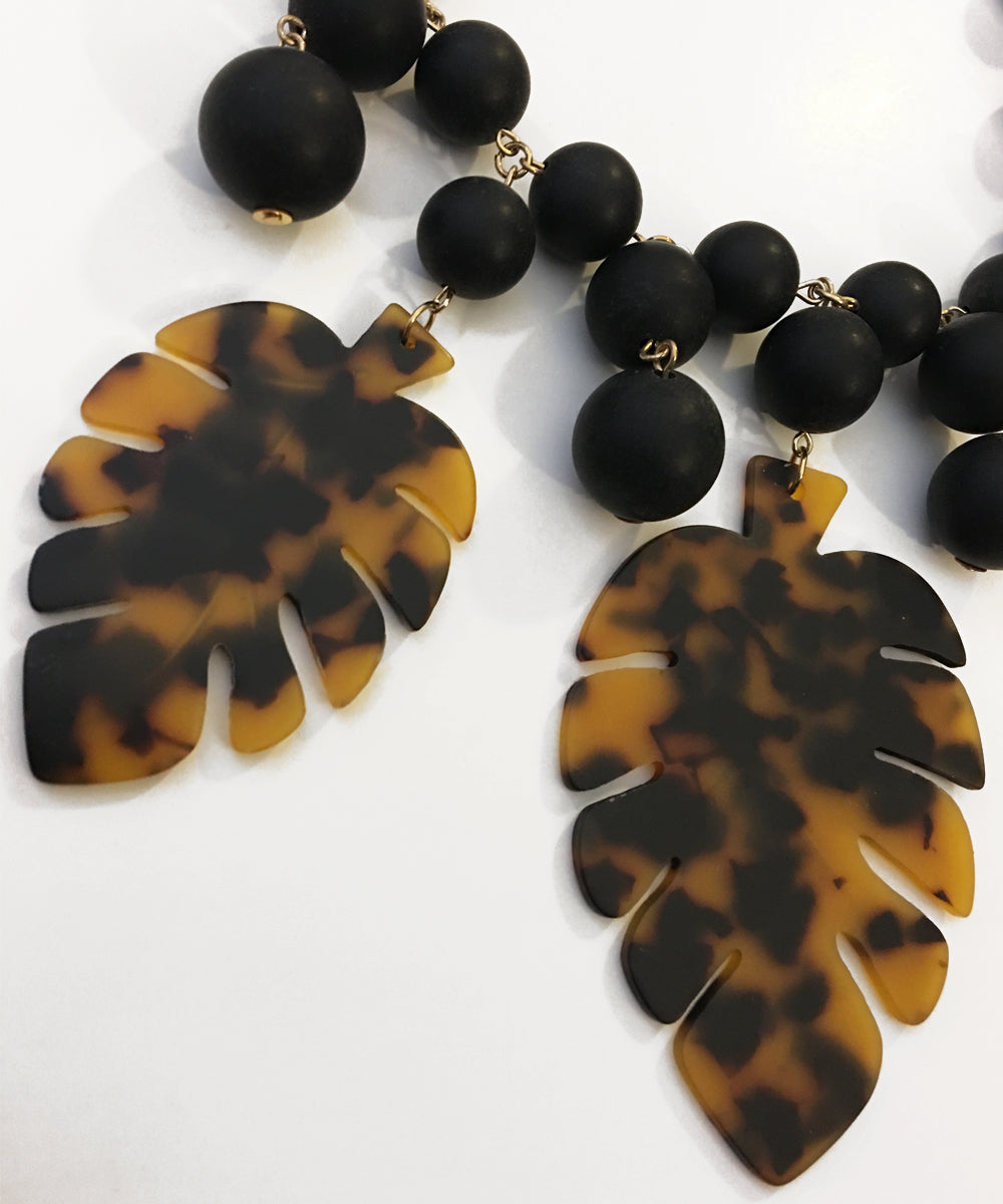Oversized Black Bead & Tortoise Resin Tropical Leaf Necklace