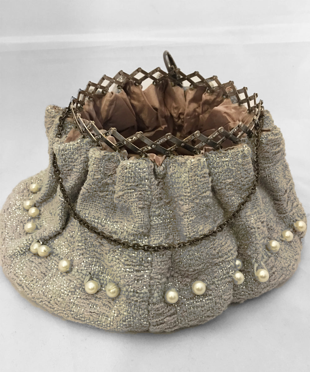 Authentic Vintage 1950s Silver Grey Knit & Pearl Beaded Gate Purse