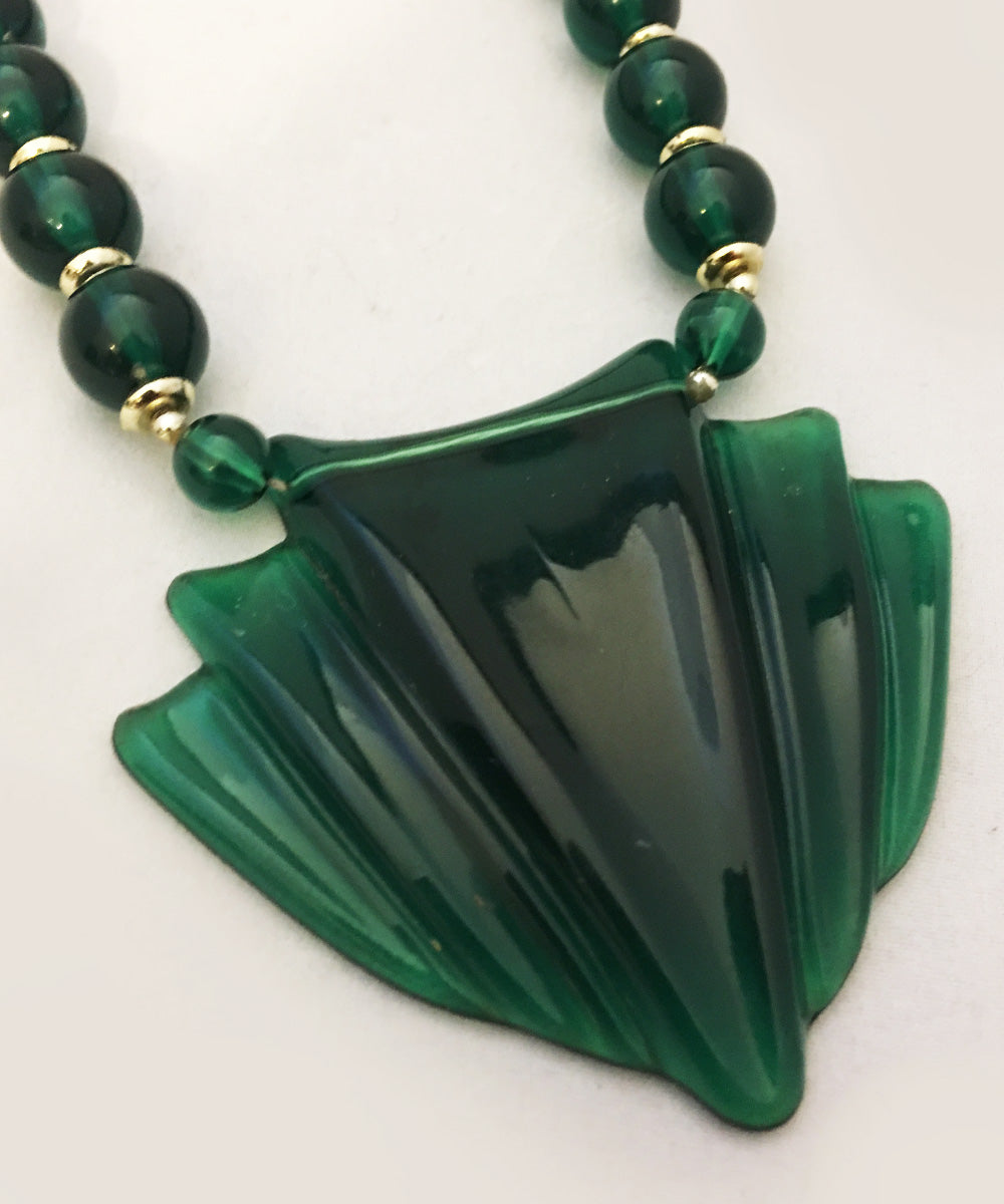 Vintage 1980s Green Resin & Silver Beaded Statement Necklace