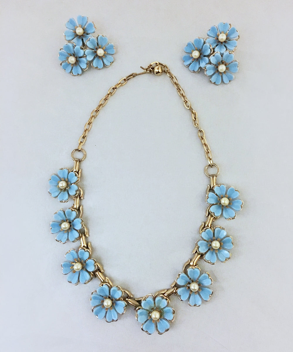 1950s Vintage Light Blue Plastic Flower & Pearl Earring & Necklace Set