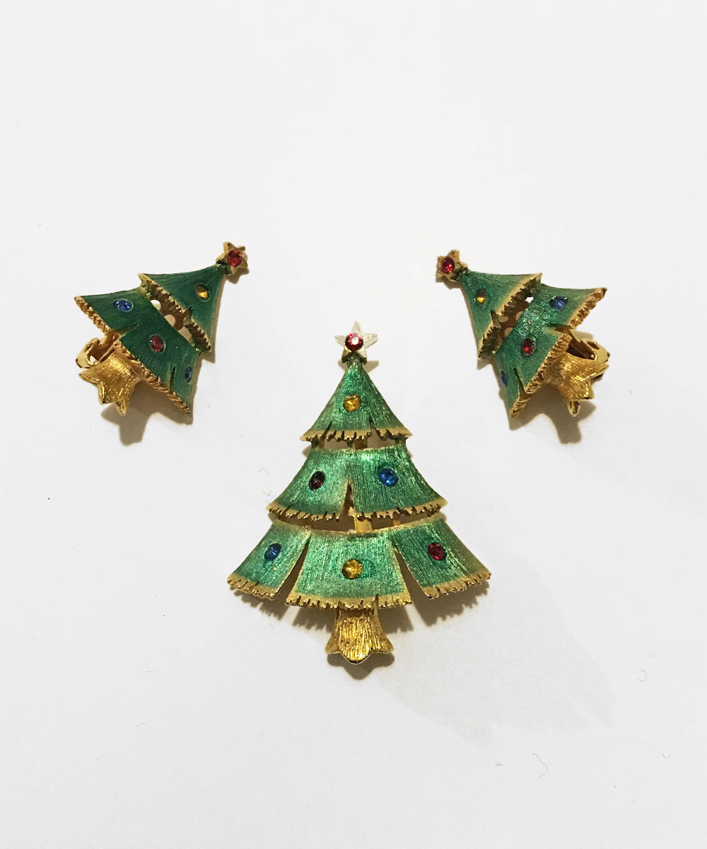 Vintage 1960s JJ Jonette Christmas Tree Brooch & Earring Set