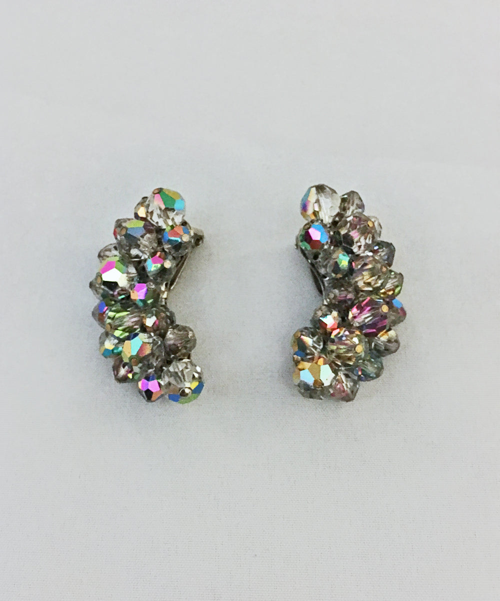 Vintage Laguna Grey Aurora Borealis Clip On Crystal Earrings